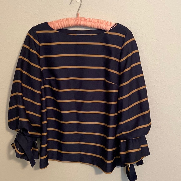 Banana Republic Tops - Banana Republic Top Blouse Tie-Mutton Sleeve Blue Gold Stripe Boat Neck Women